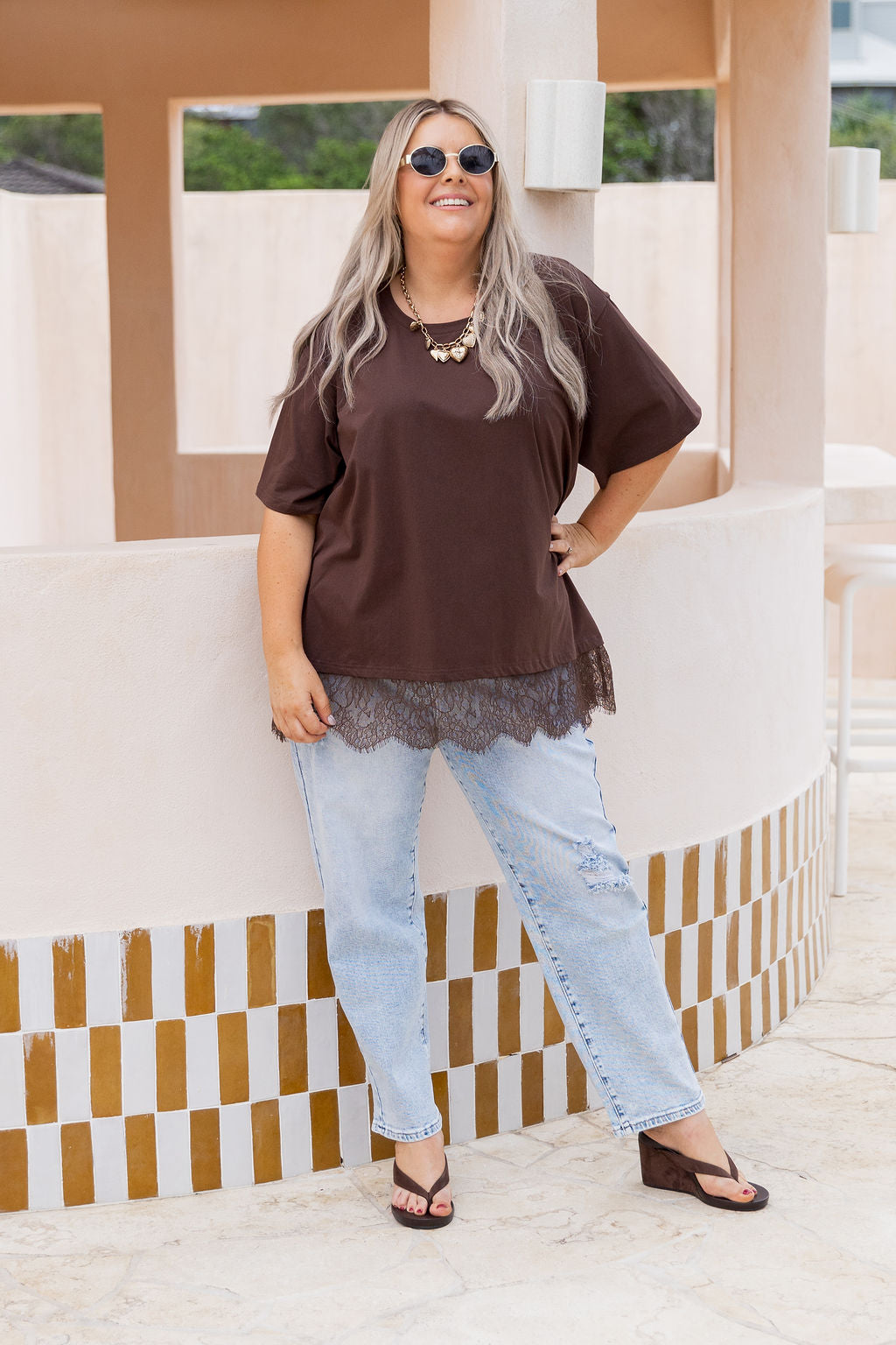 Lola Lace Trim Tee in Chocolate