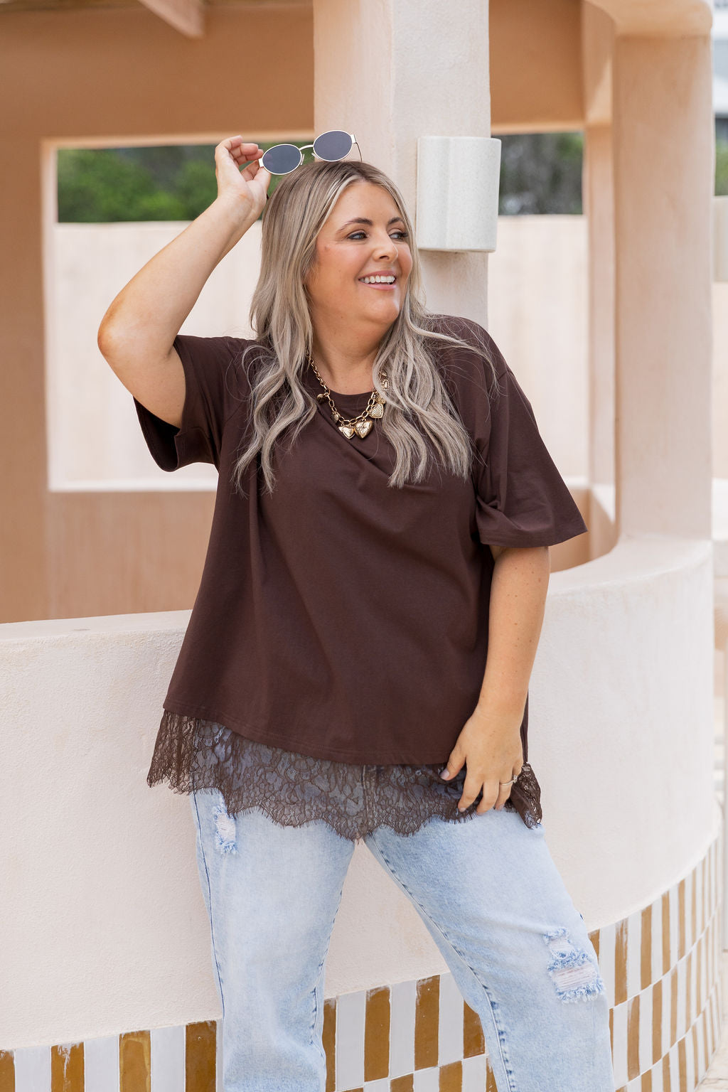 Lola Lace Trim Tee in Chocolate