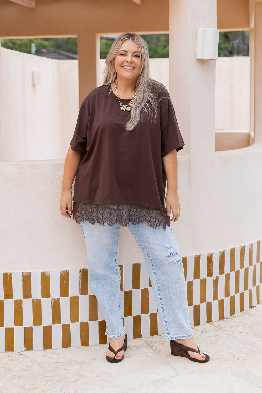 Lola Lace Trim Tee in Chocolate