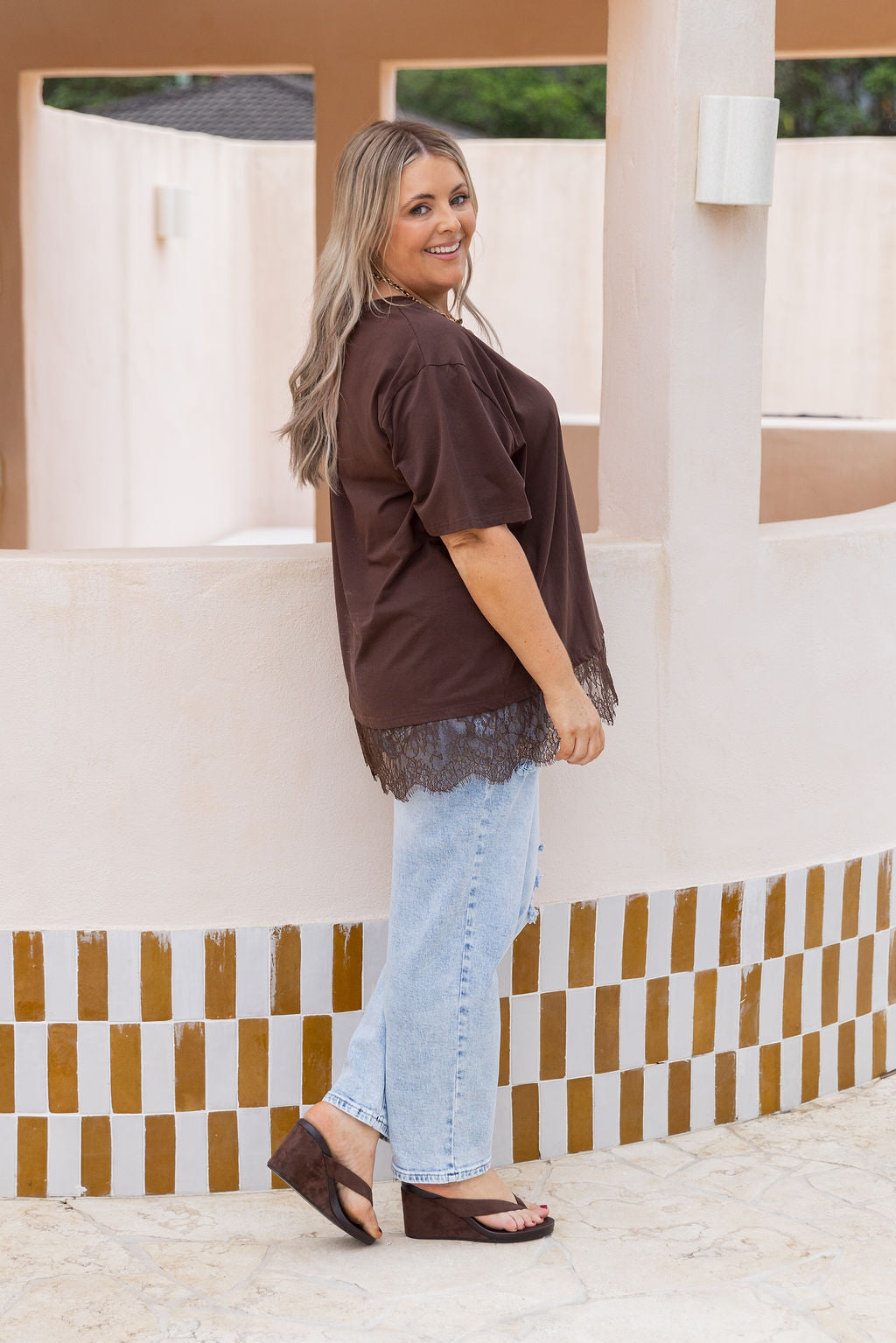 Lola Lace Trim Tee in Chocolate