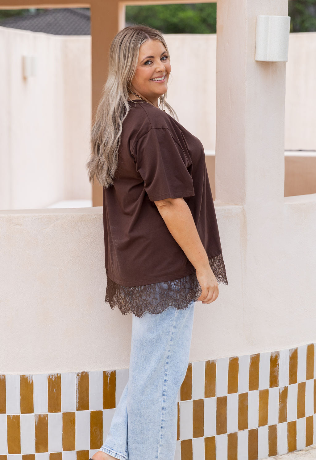 Lola Lace Trim Tee in Chocolate