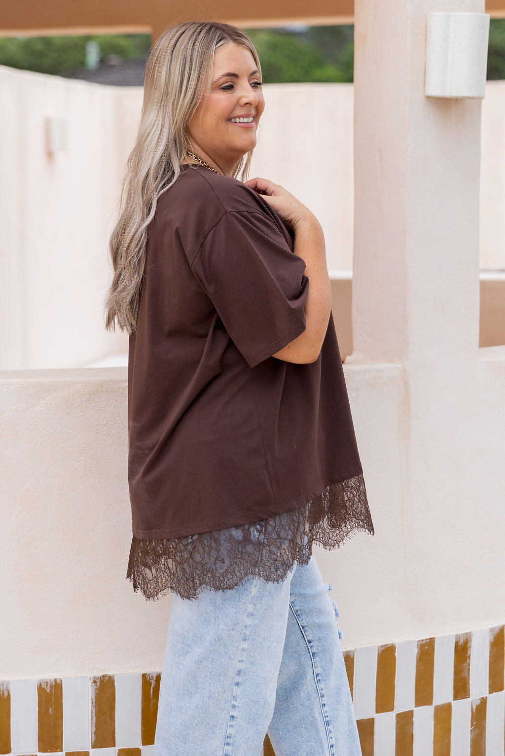 Lola Lace Trim Tee in Chocolate
