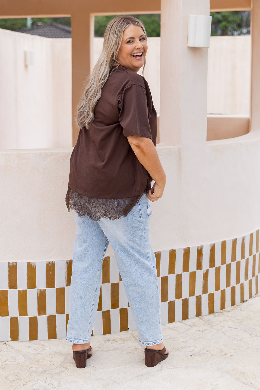 Lola Lace Trim Tee in Chocolate