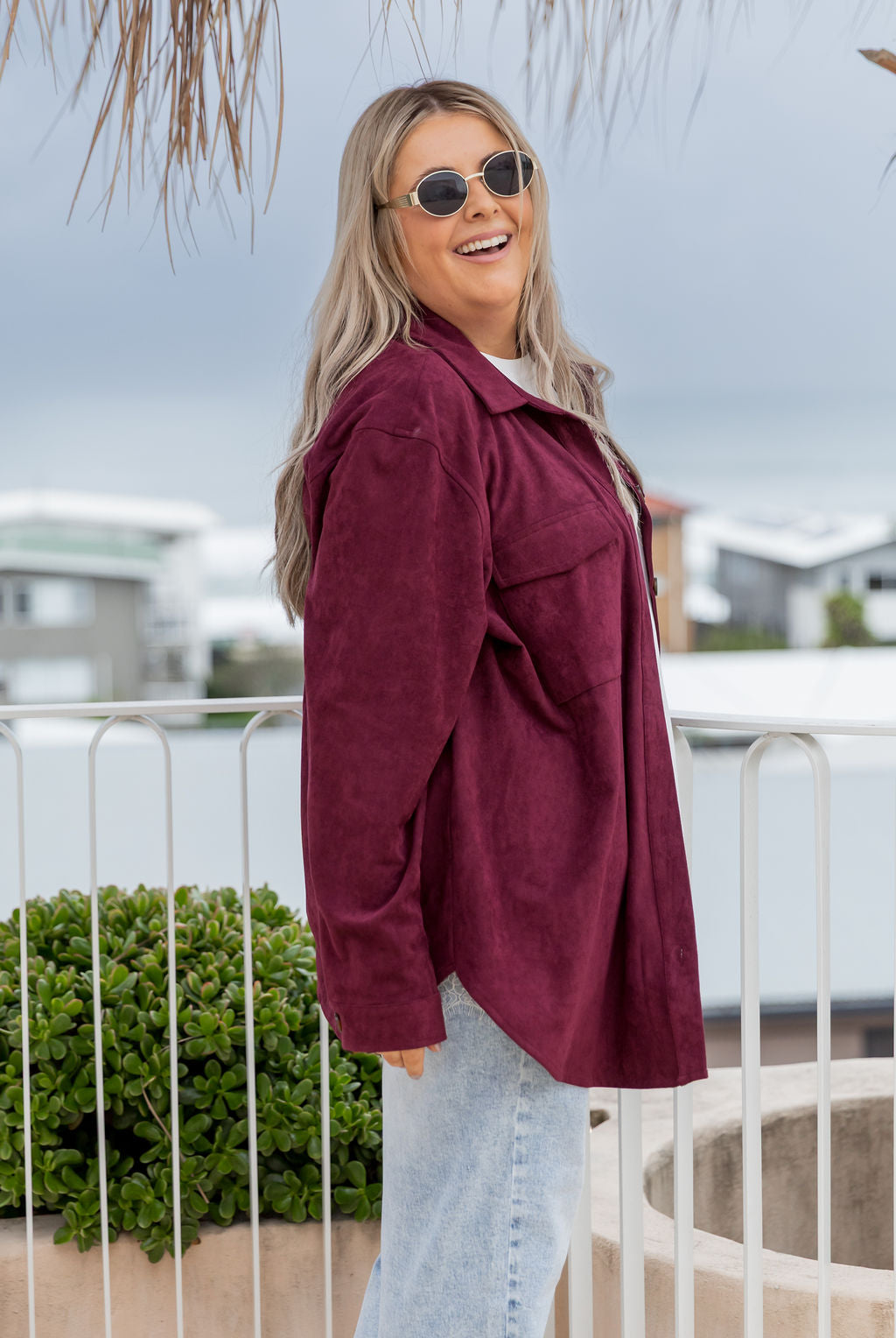 Elsia Shacket in Burgundy Faux Suede