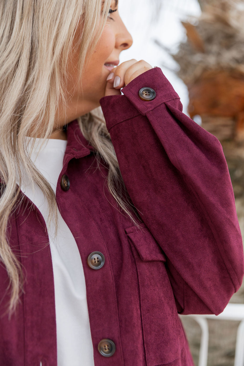 Elsia Shacket in Burgundy Faux Suede