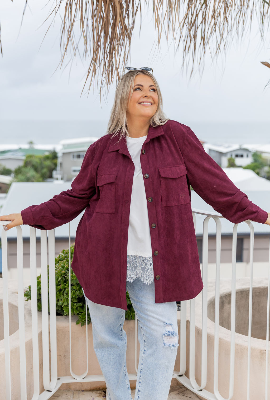 Elsia Shacket in Burgundy Faux Suede