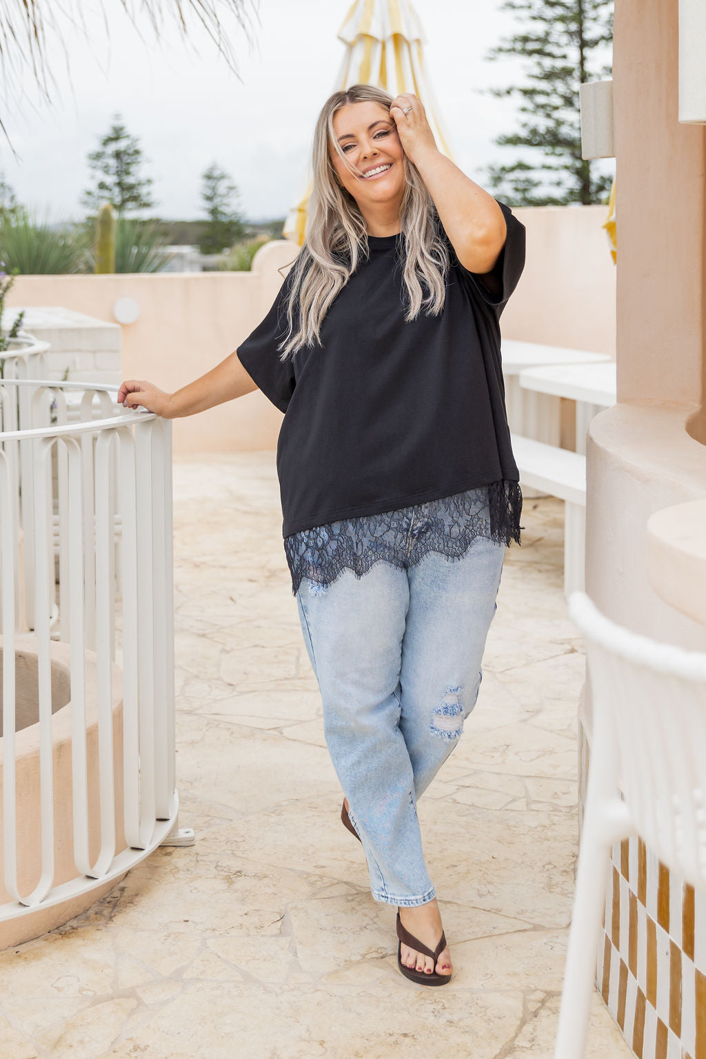 Lola Lace Trim Tee in Black
