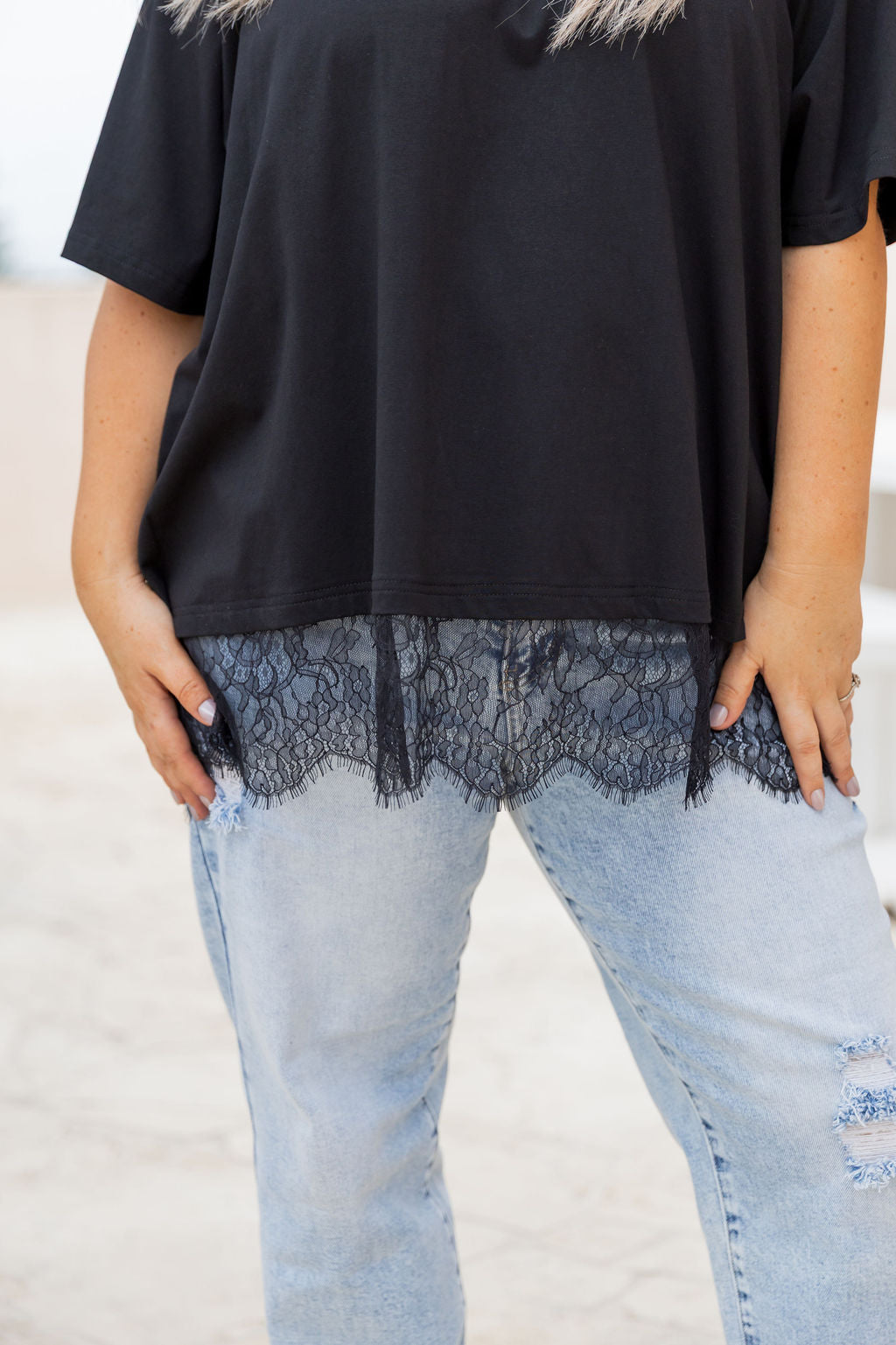 Lola Lace Trim Tee in Black