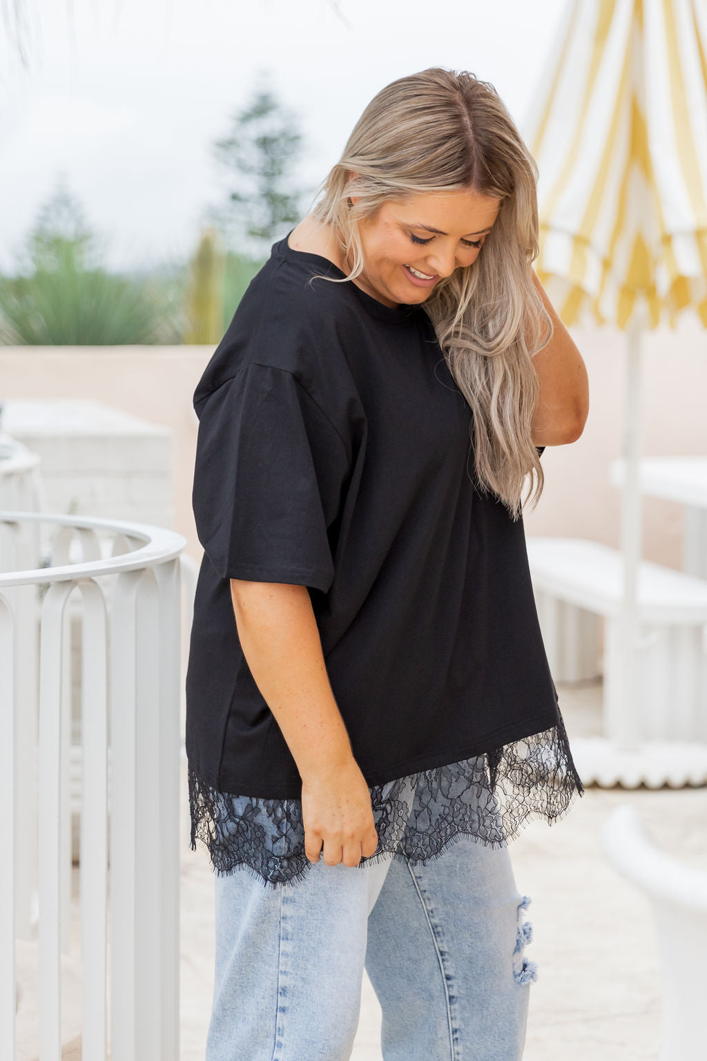 Lola Lace Trim Tee in Black