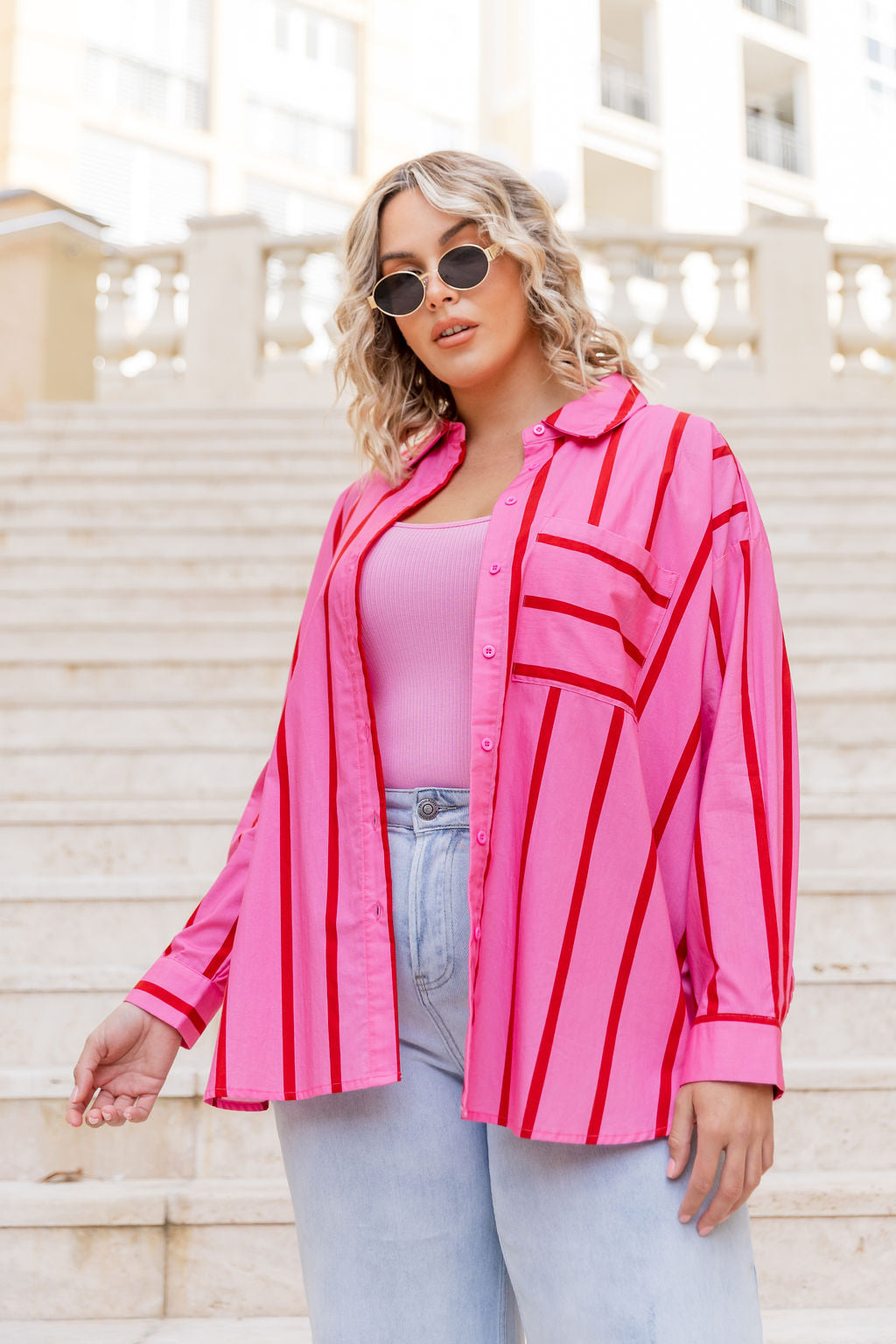 Lula Oversized Shirt in Disco Stripes Pink