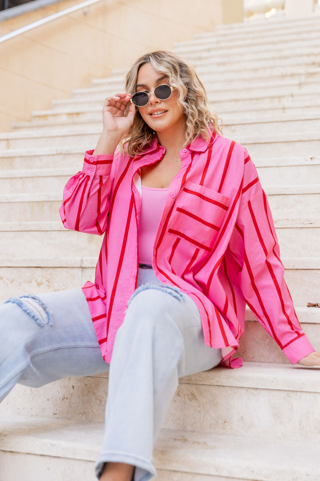 Lula Oversized Shirt in Disco Stripes Pink