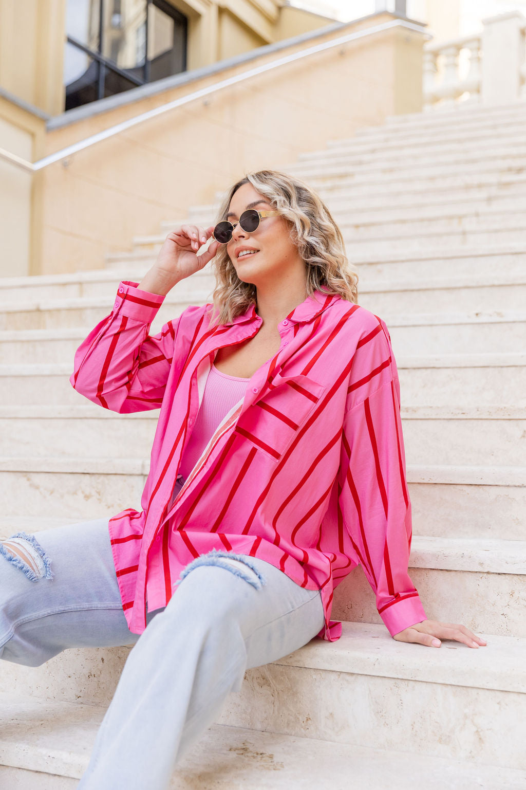 Lula Oversized Shirt in Disco Stripes Pink