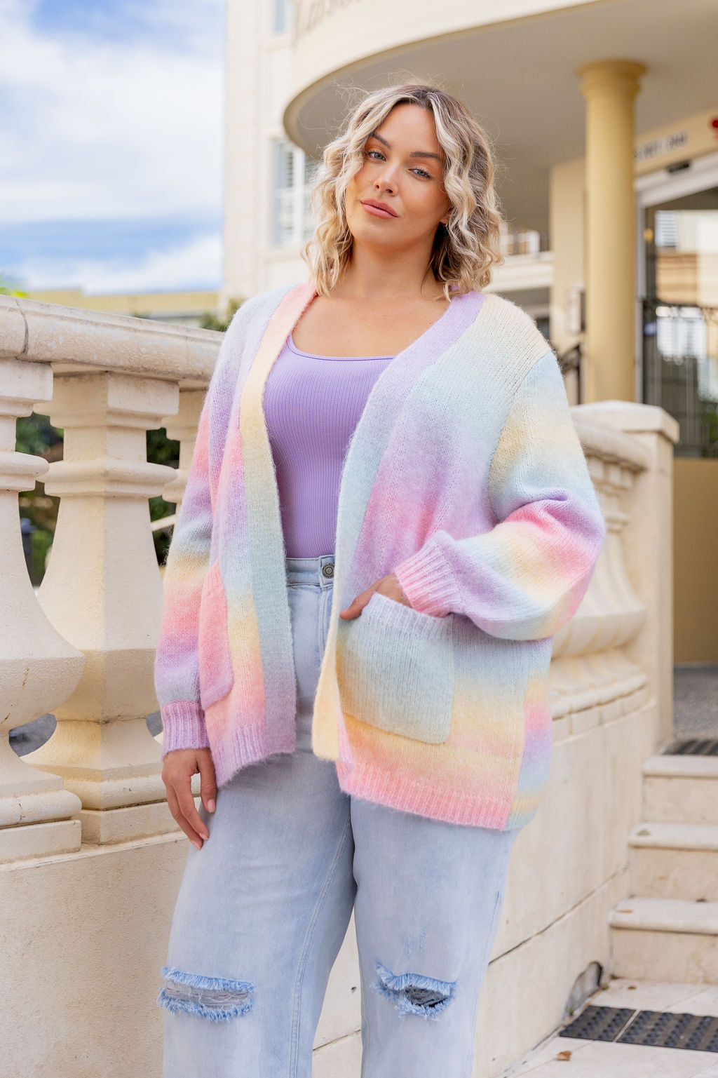Alaska Knit Cardi in Pastel Rainbow