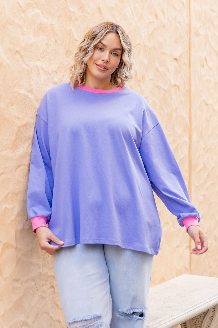 Rory Long Sleeve Tee in Cornflower/Pink Contrast