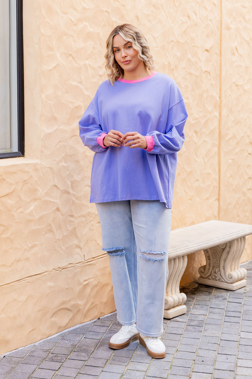 Rory Long Sleeve Tee in Cornflower/Pink Contrast