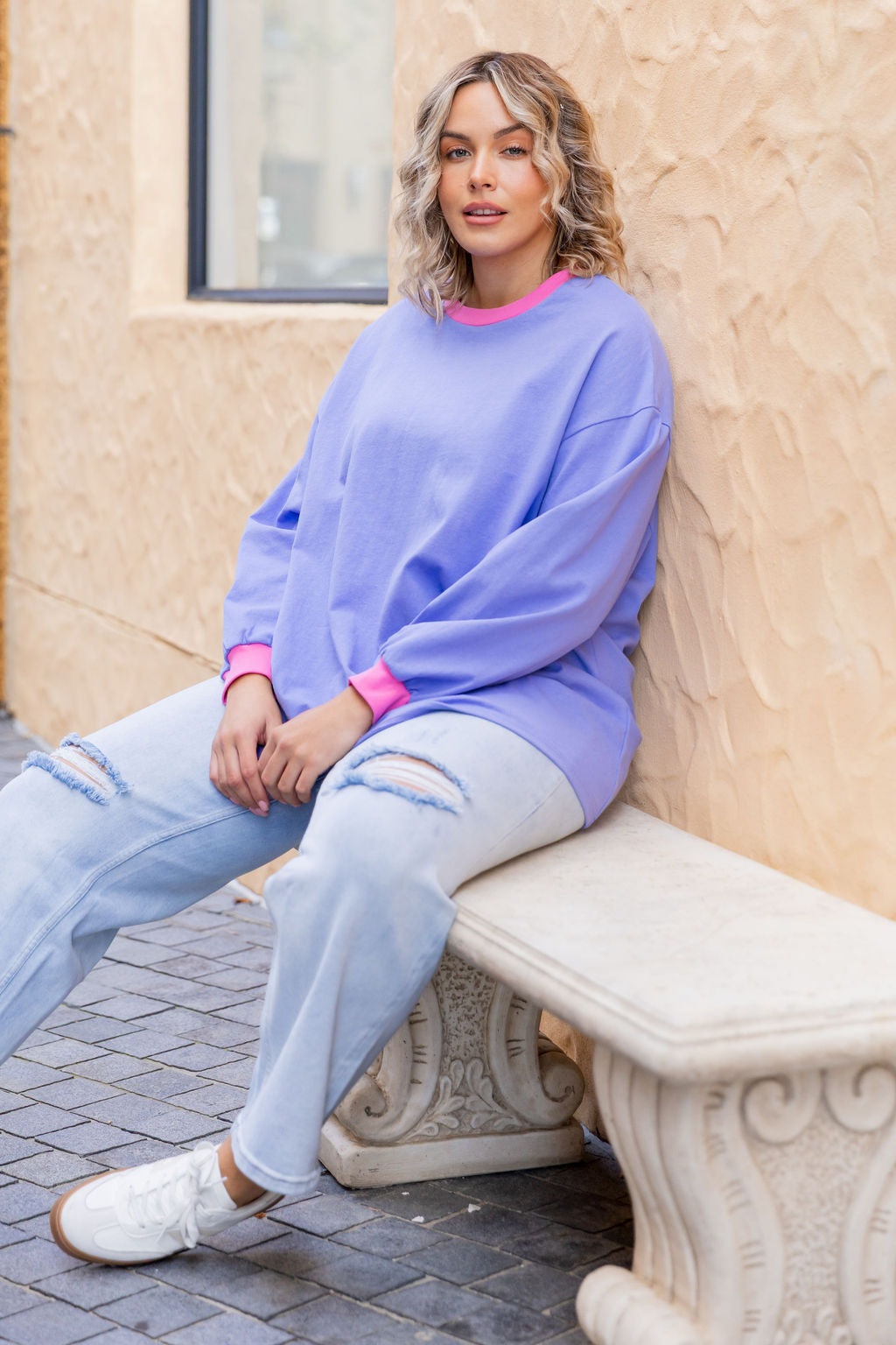 Rory Long Sleeve Tee in Cornflower/Pink Contrast