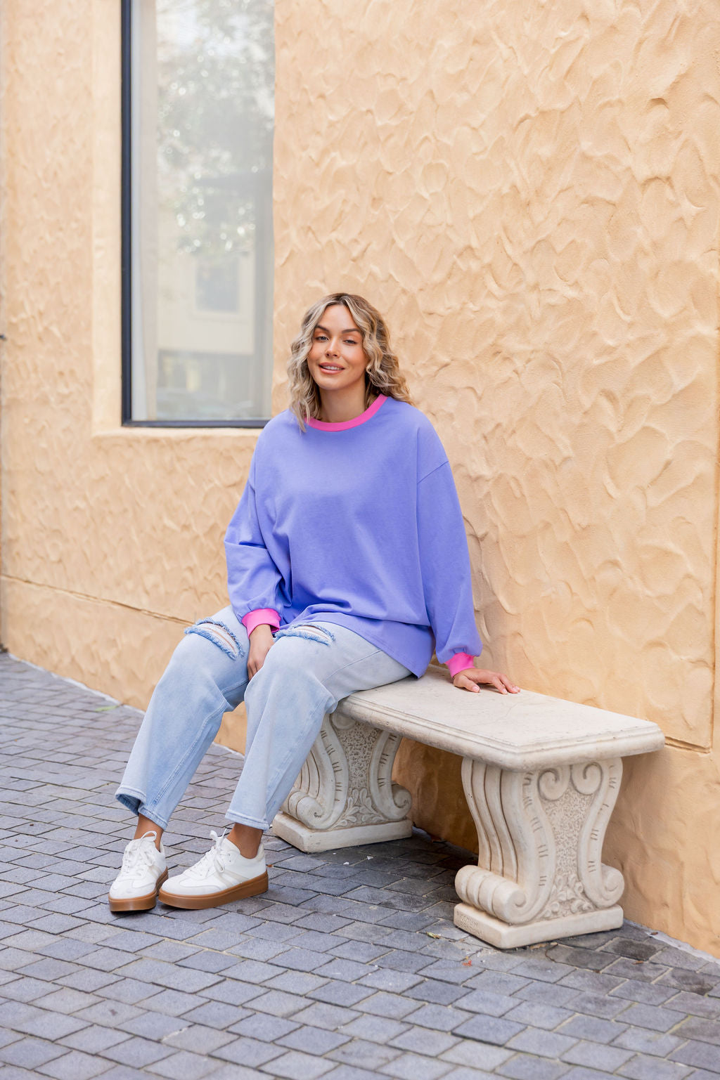 Rory Long Sleeve Tee in Cornflower/Pink Contrast