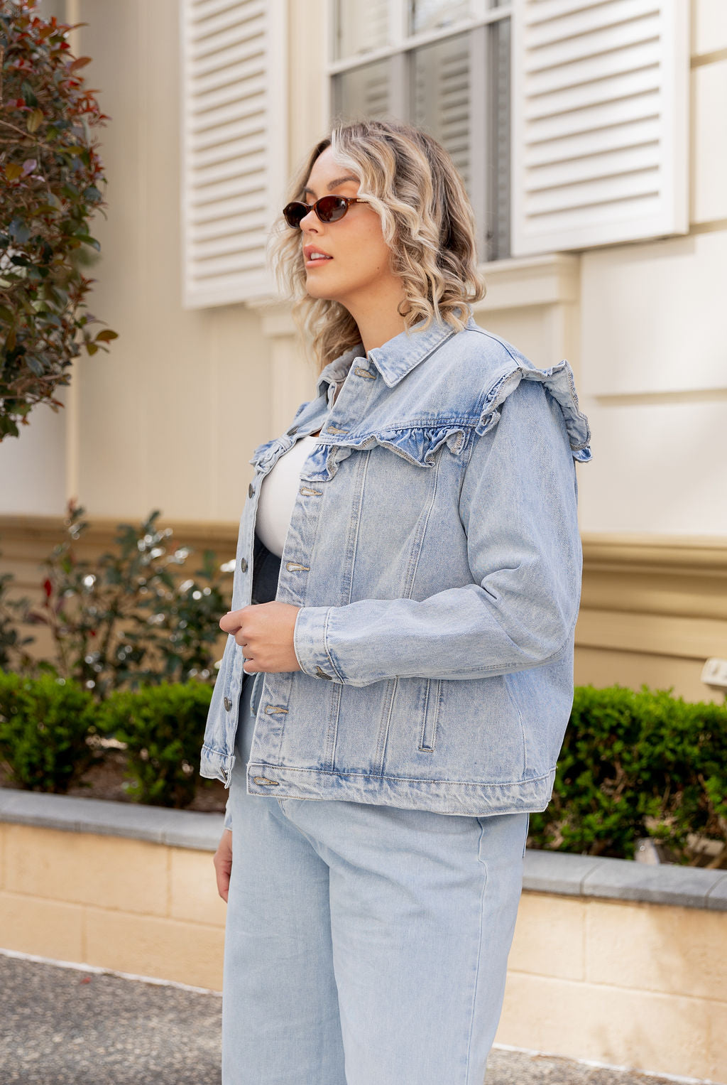 Tessa Ruffle Denim Jacket in Light Blue Wash