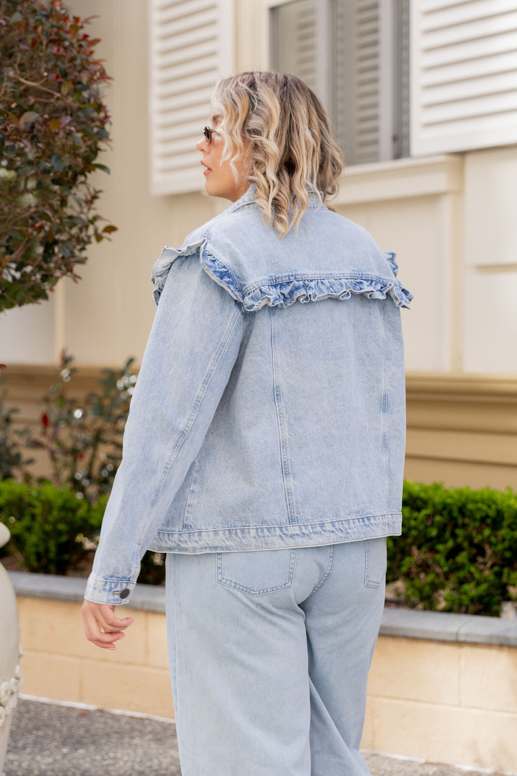 Tessa Ruffle Denim Jacket in Light Blue Wash