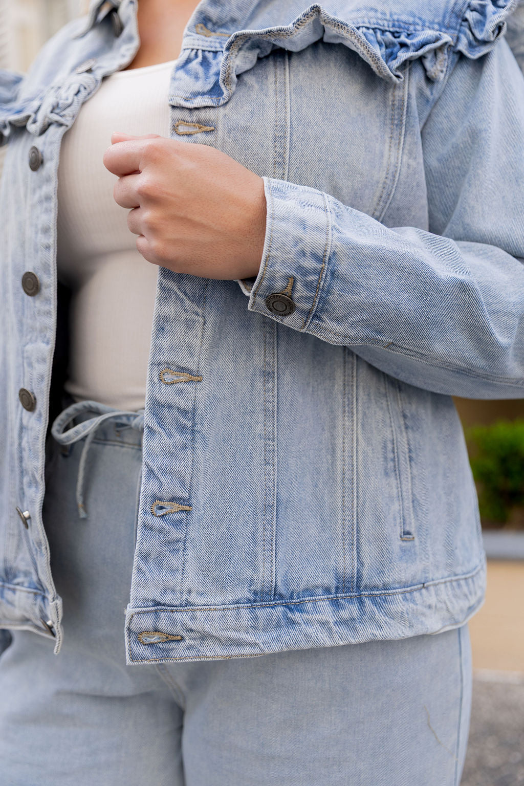 Tessa Ruffle Denim Jacket in Light Blue Wash