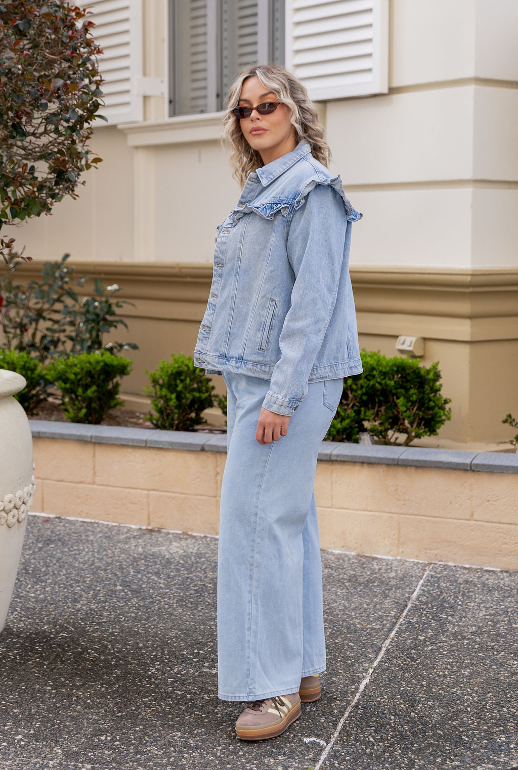 Tessa Ruffle Denim Jacket in Light Blue Wash