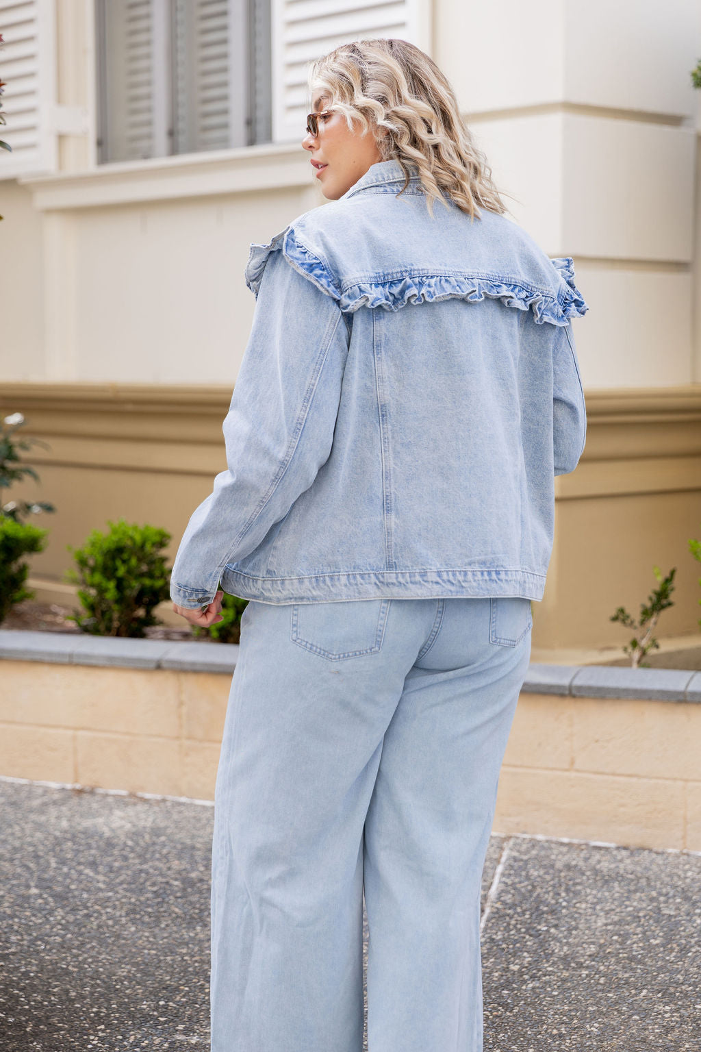 Tessa Ruffle Denim Jacket in Light Blue Wash