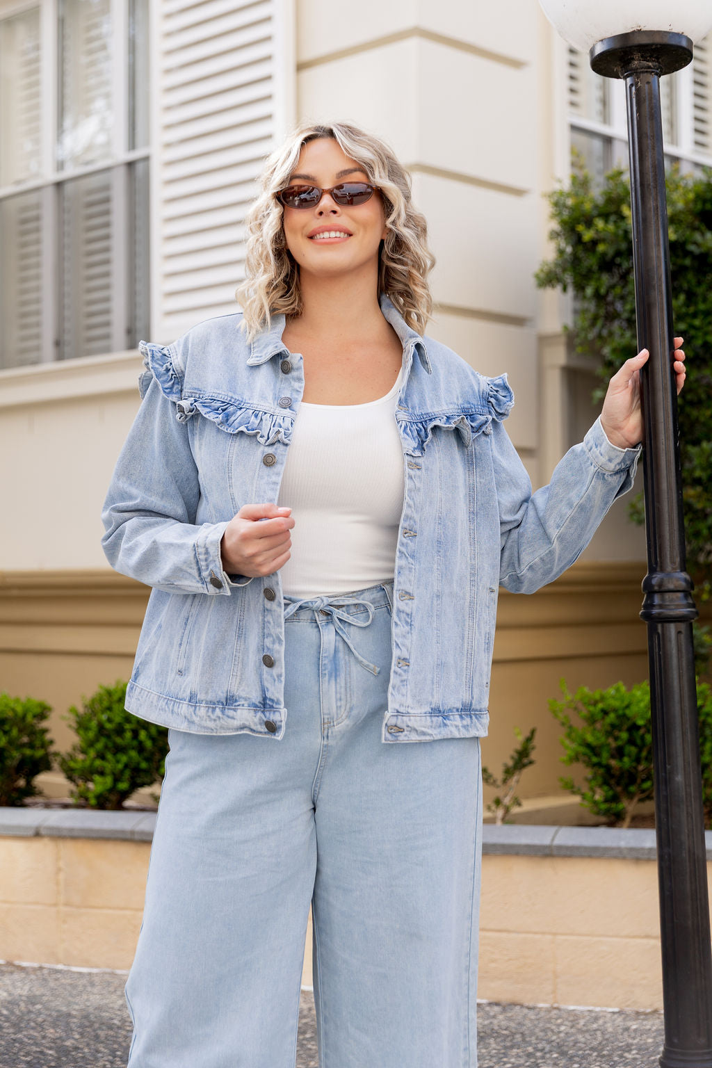 Tessa Ruffle Denim Jacket in Light Blue Wash