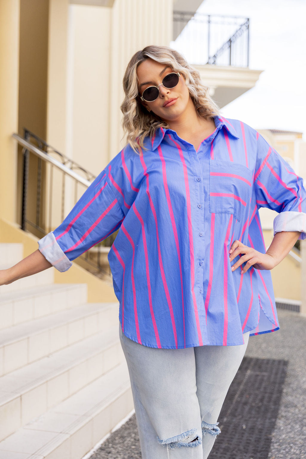 Lula Oversized Shirt in Disco Stripes Blue