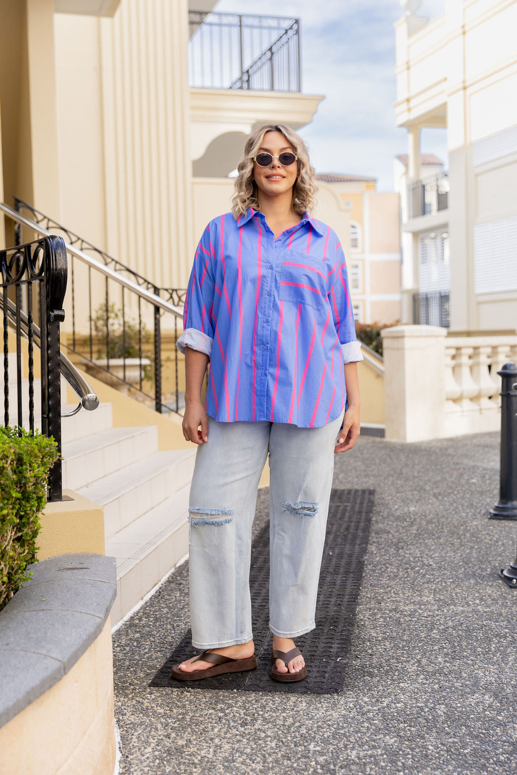 Lula Oversized Shirt in Disco Stripes Blue