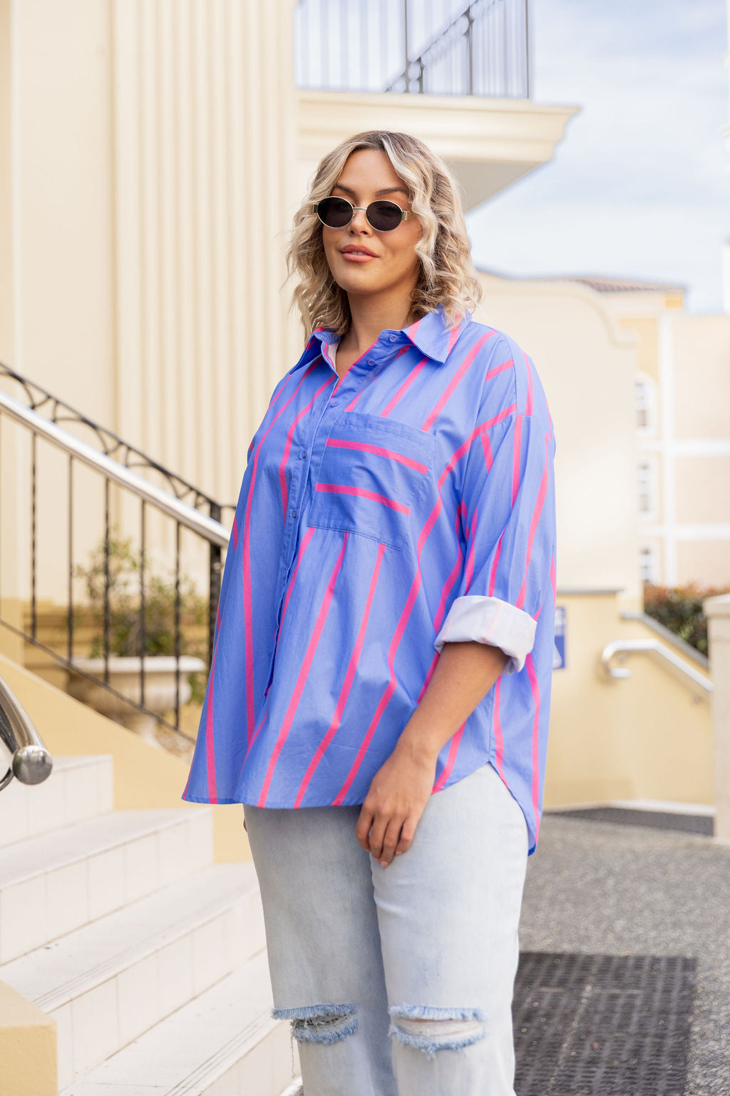 Lula Oversized Shirt in Disco Stripes Blue
