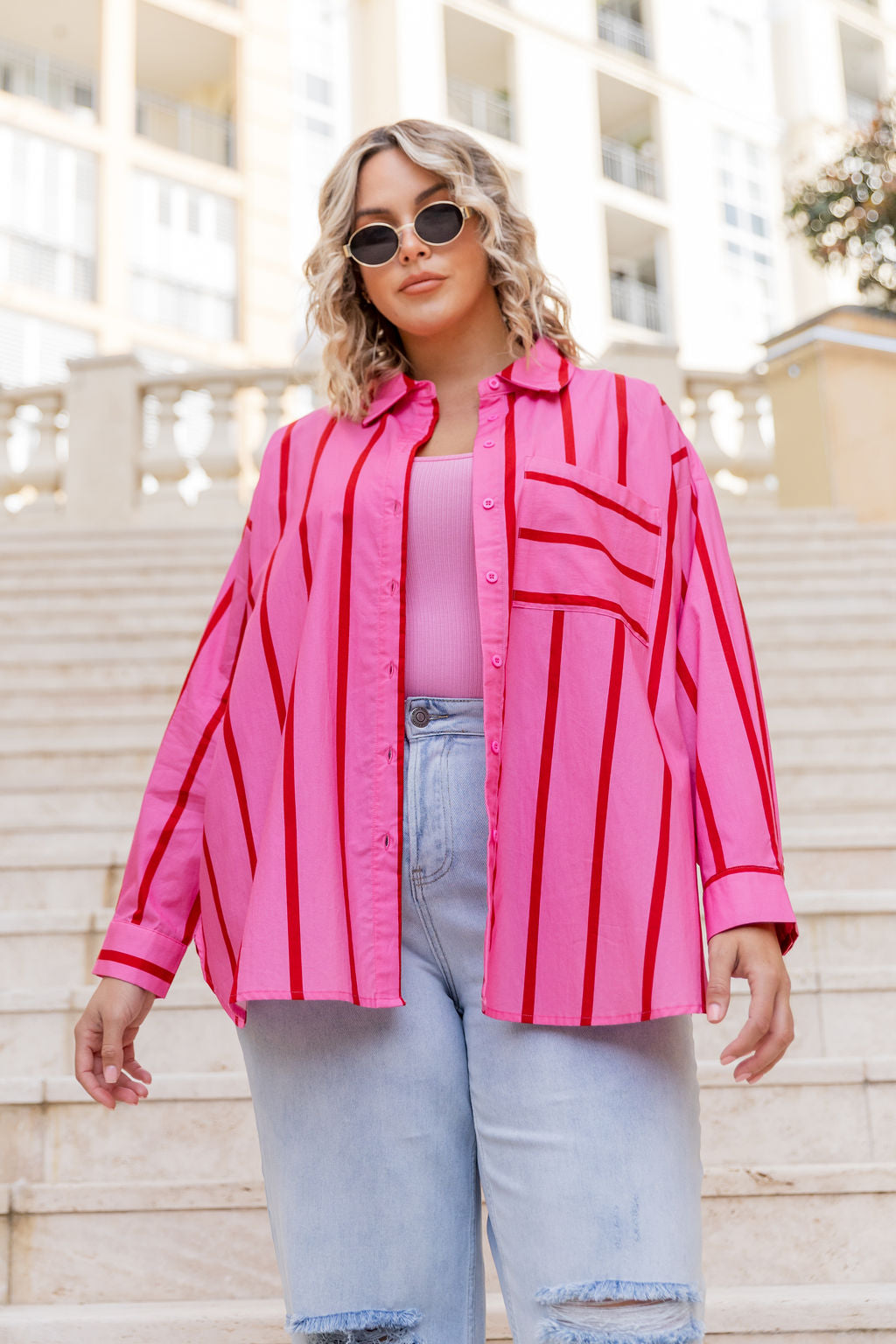 Lula Oversized Shirt in Disco Stripes Pink