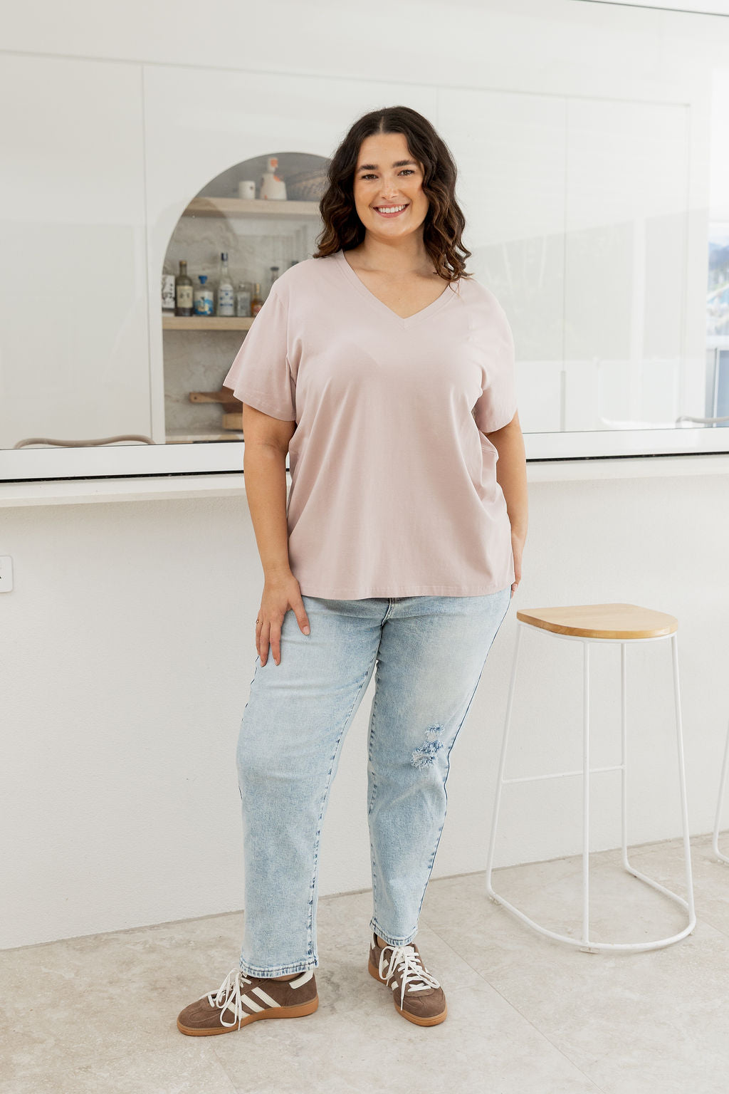 Relaxed V-Neck Tee in Latte