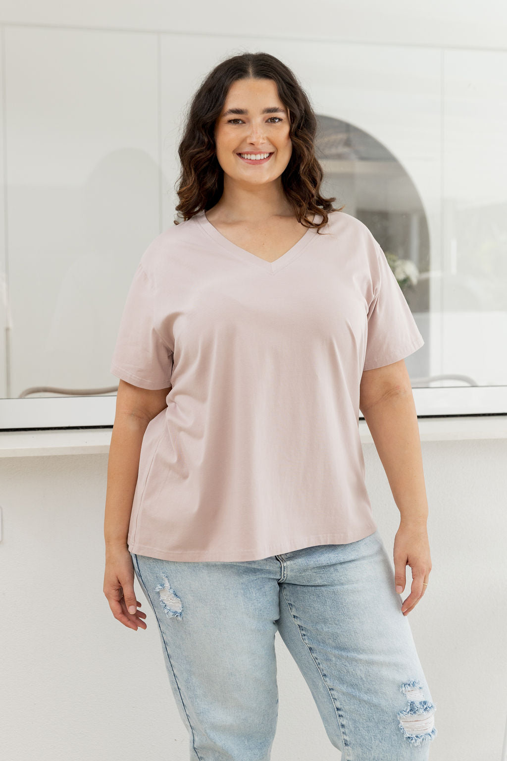 Relaxed V-Neck Tee in Latte