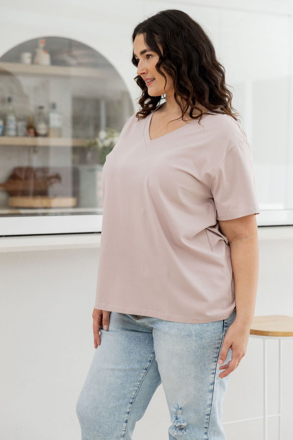 Relaxed V-Neck Tee in Latte
