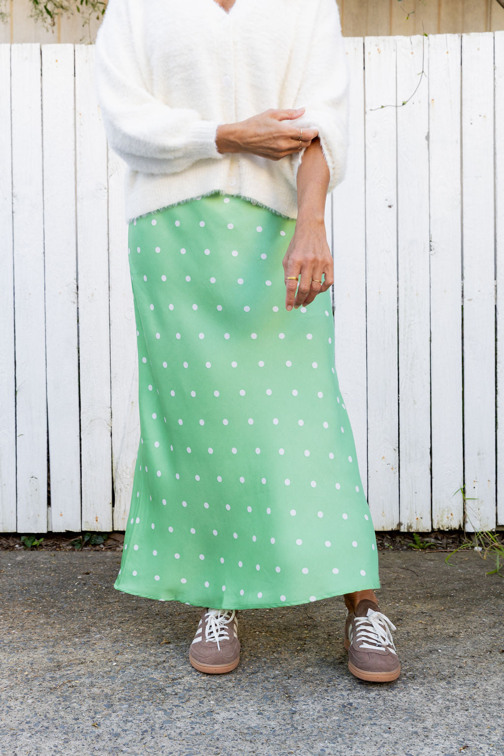 Livy Bias Skirt in Matcha/Cream Polka Dot