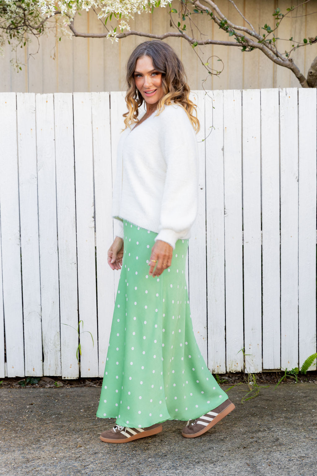 Livy Bias Skirt in Matcha/Cream Polka Dot