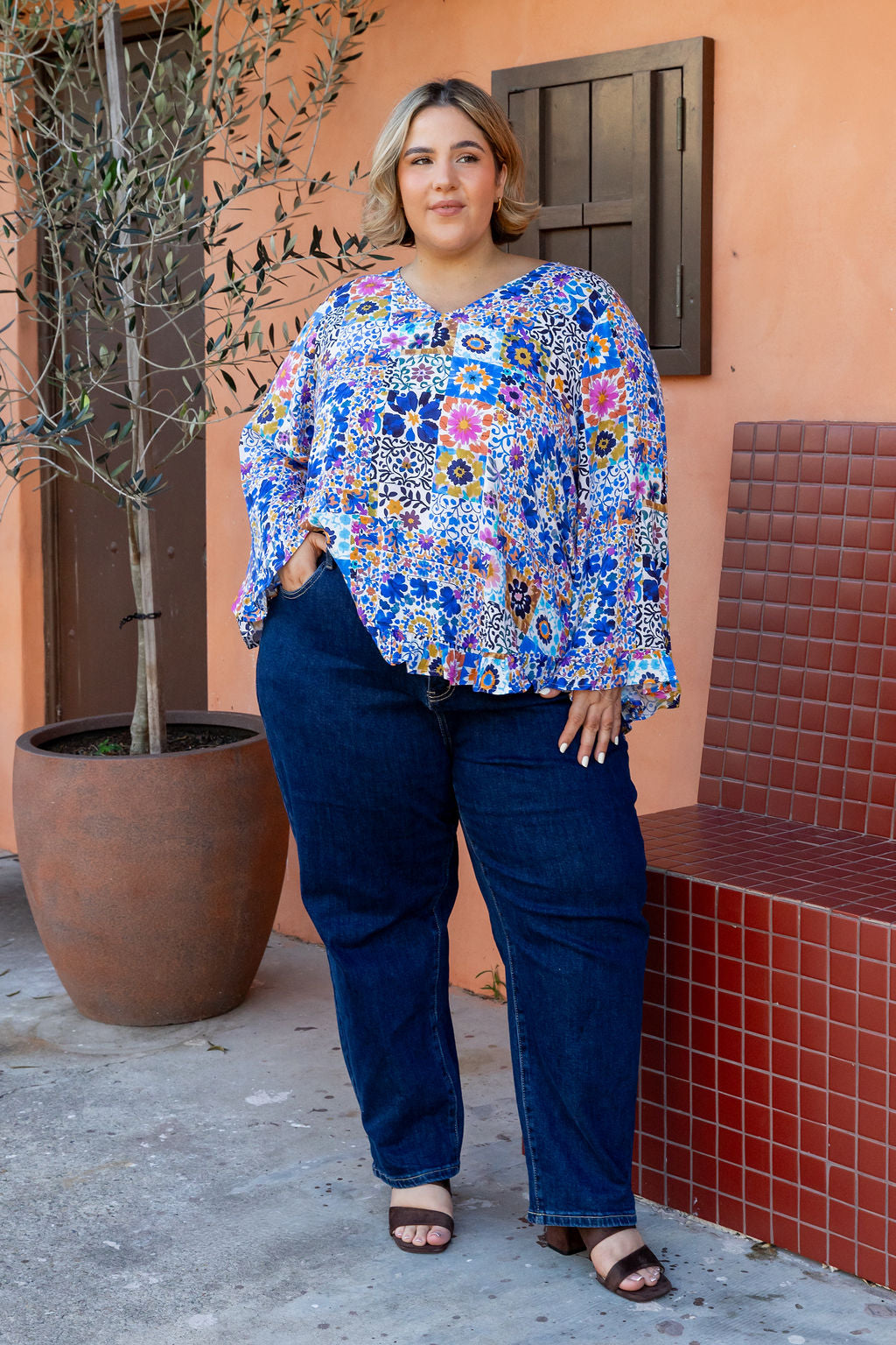 Natalie Long Sleeve Top in Floral Tiles