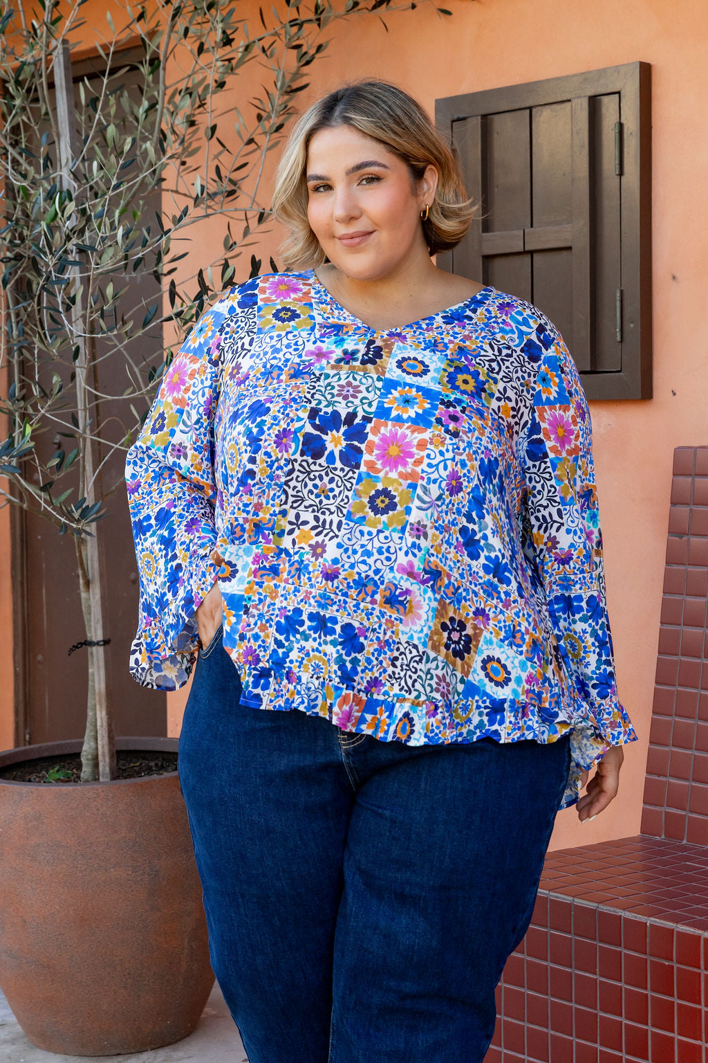 Natalie Long Sleeve Top in Floral Tiles
