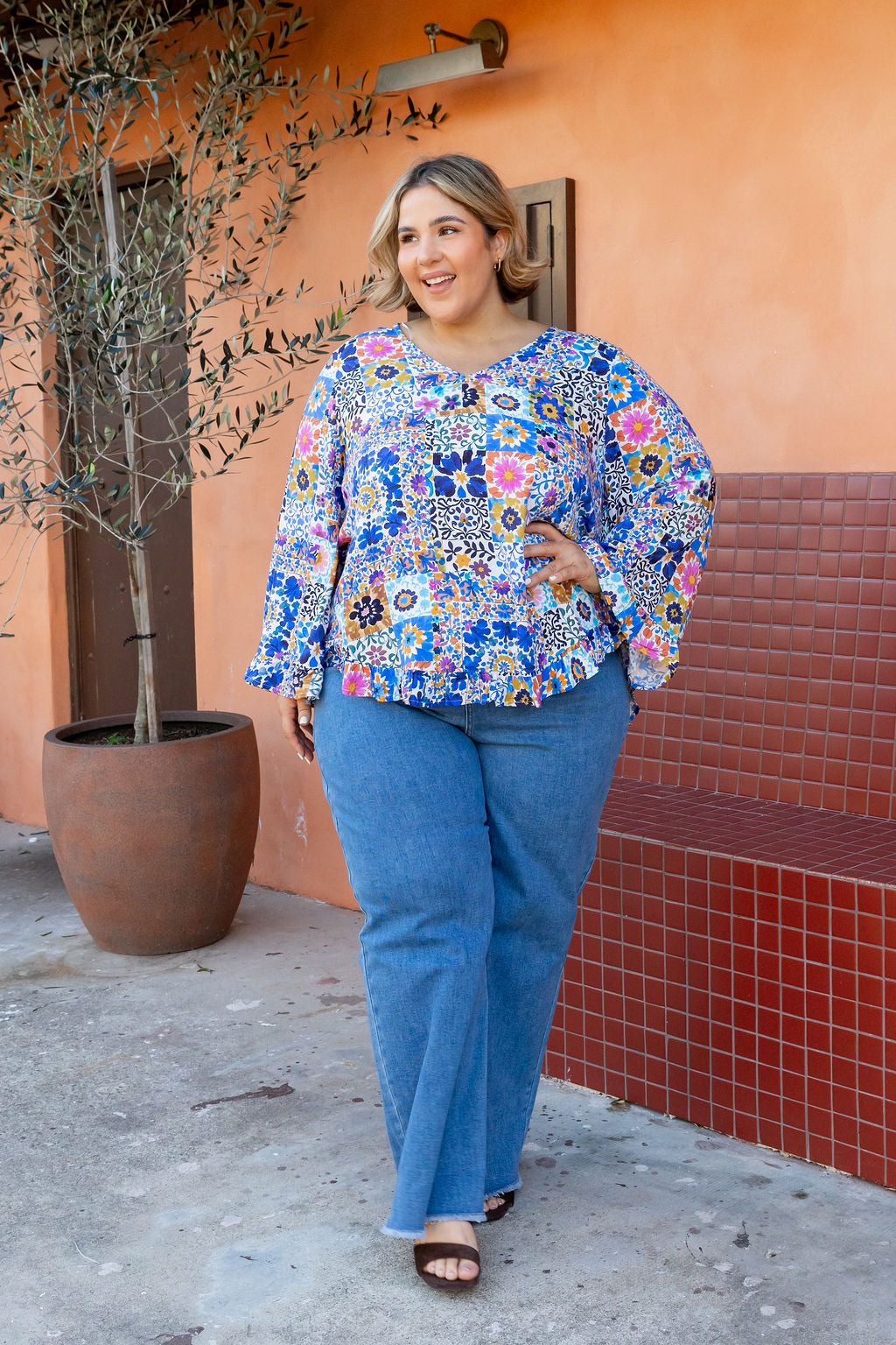 Natalie Long Sleeve Top in Floral Tiles