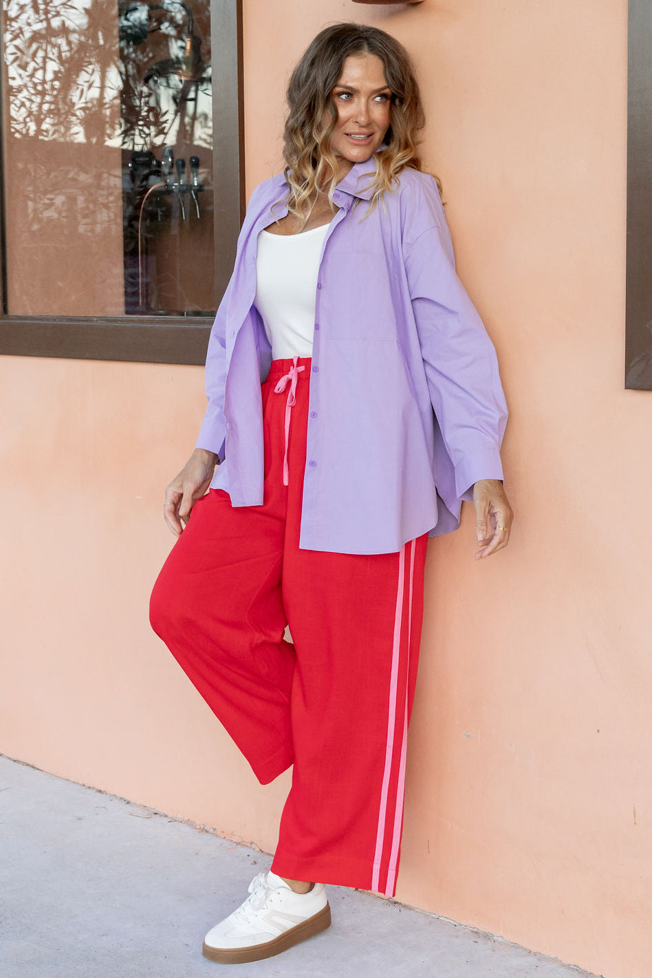 Side Stripe Linen Blend Pants in Red/Pink