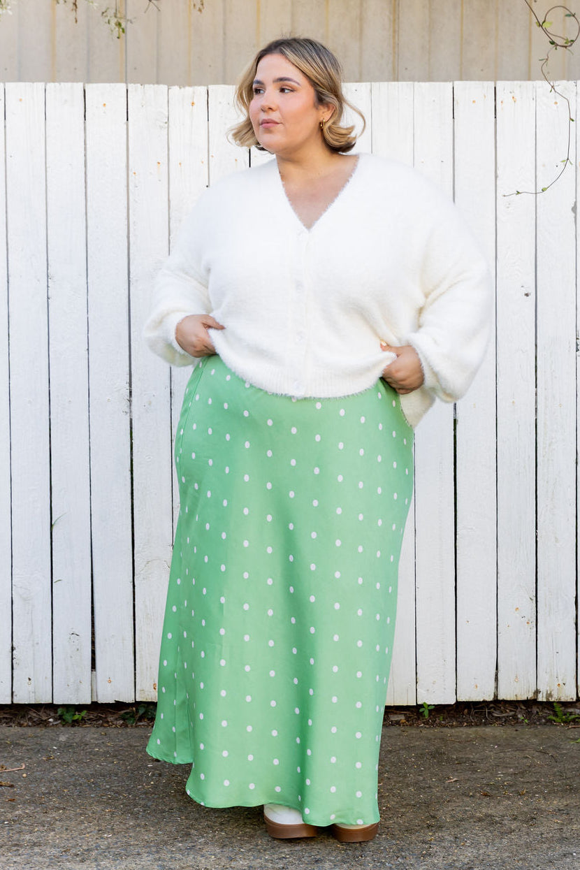 Livy Bias Skirt in Matcha/Cream Polka Dot