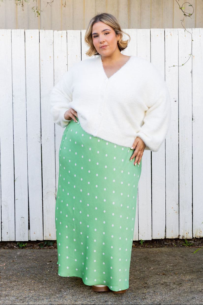 Livy Bias Skirt in Matcha/Cream Polka Dot