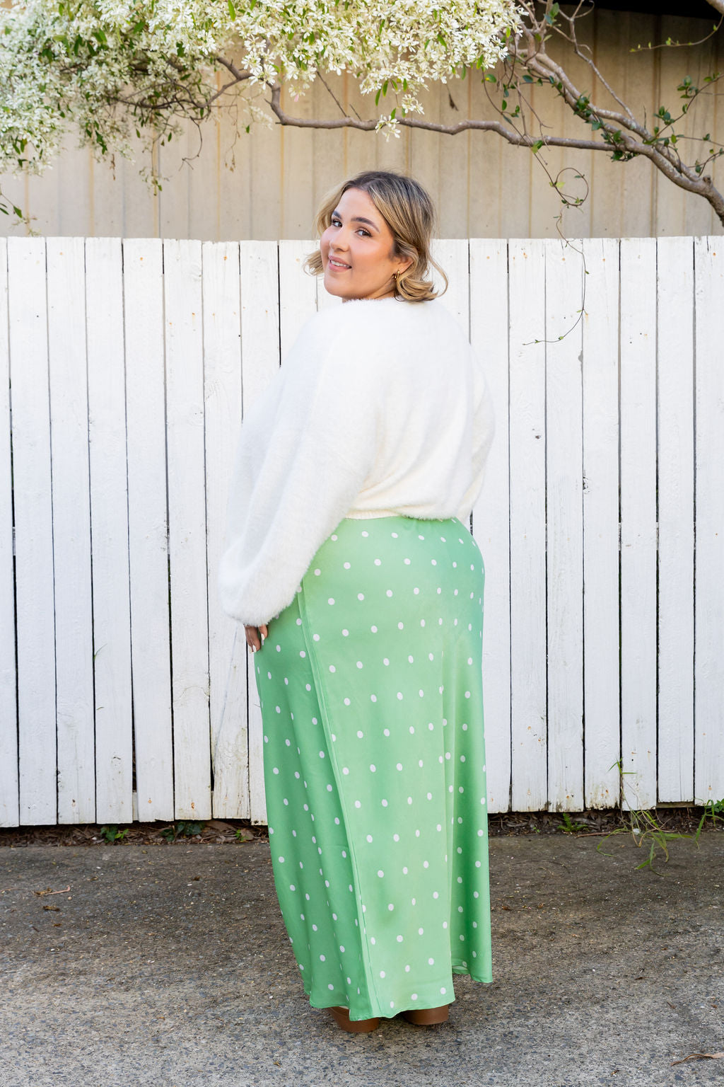 Livy Bias Skirt in Matcha/Cream Polka Dot