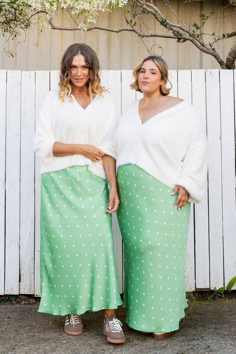 Livy Bias Skirt in Matcha/Cream Polka Dot