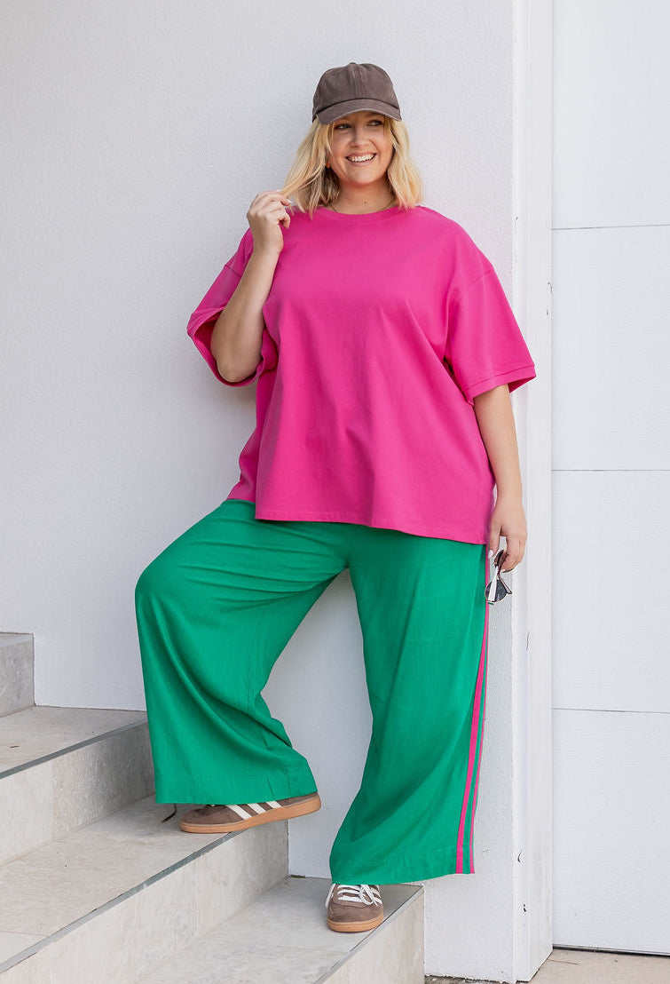 Side Stripe Linen Blend Pants in Green/Pink