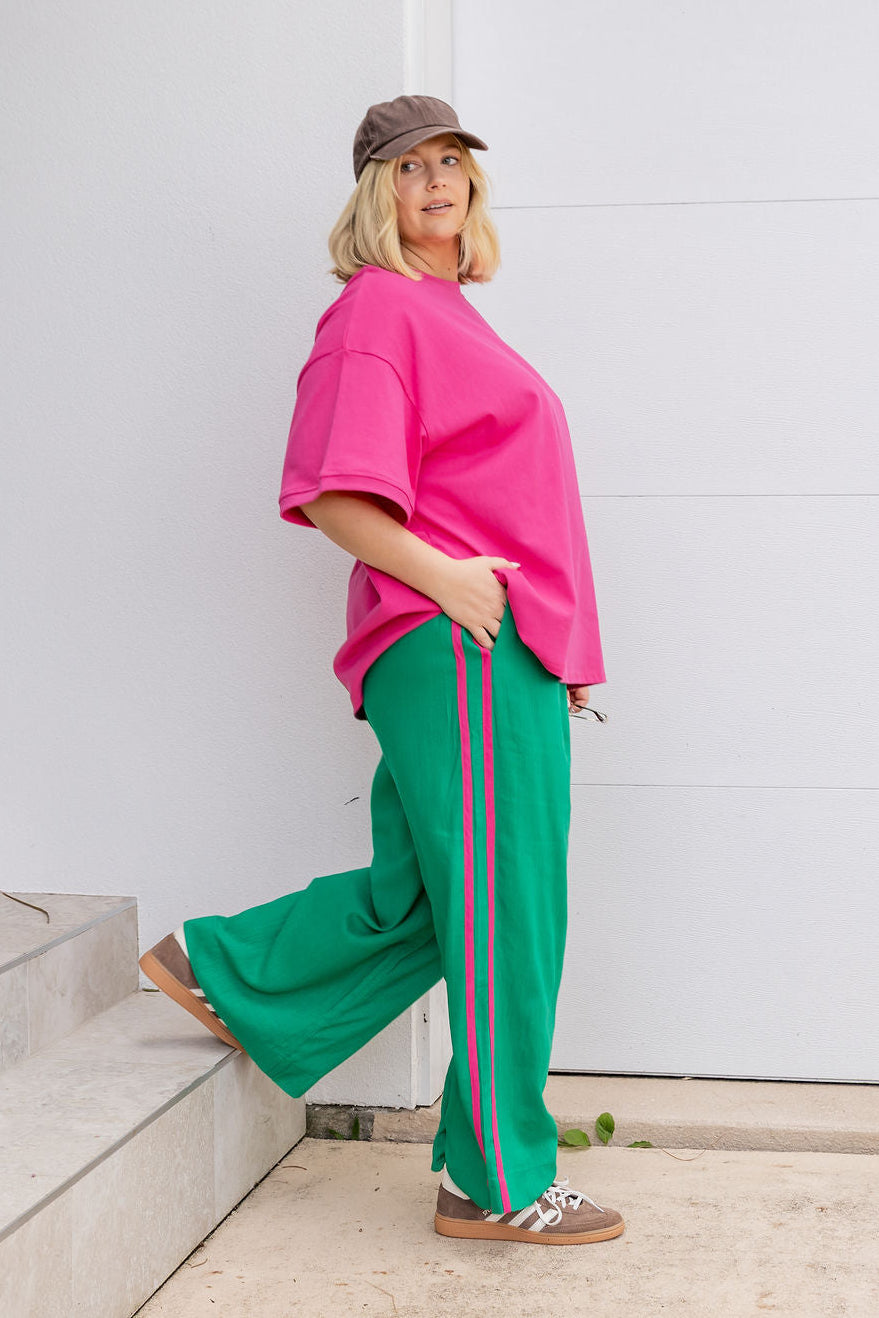 Side Stripe Linen Blend Pants in Green/Pink