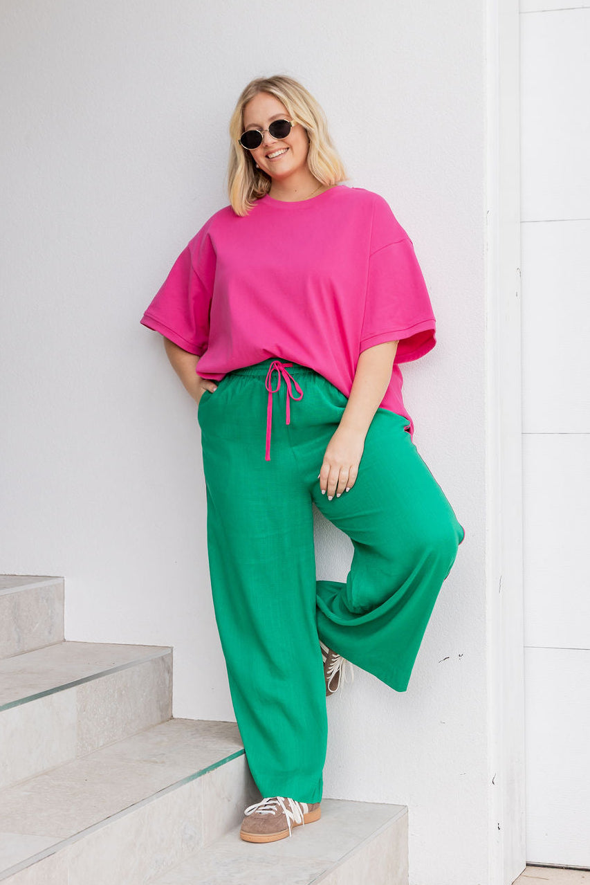 Side Stripe Linen Blend Pants in Green/Pink