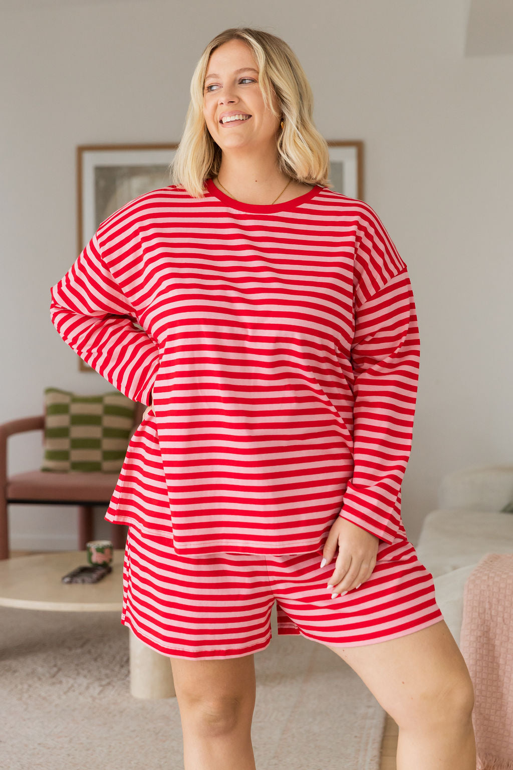 Long Sleeve Boxy Tee in Pink/Red Stripes