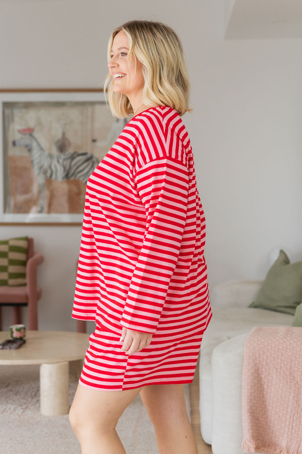 Long Sleeve Boxy Tee in Pink/Red Stripes