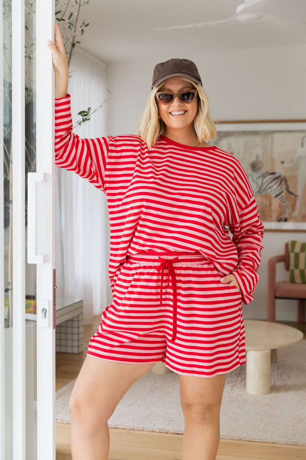 Long Sleeve Boxy Tee in Pink/Red Stripes